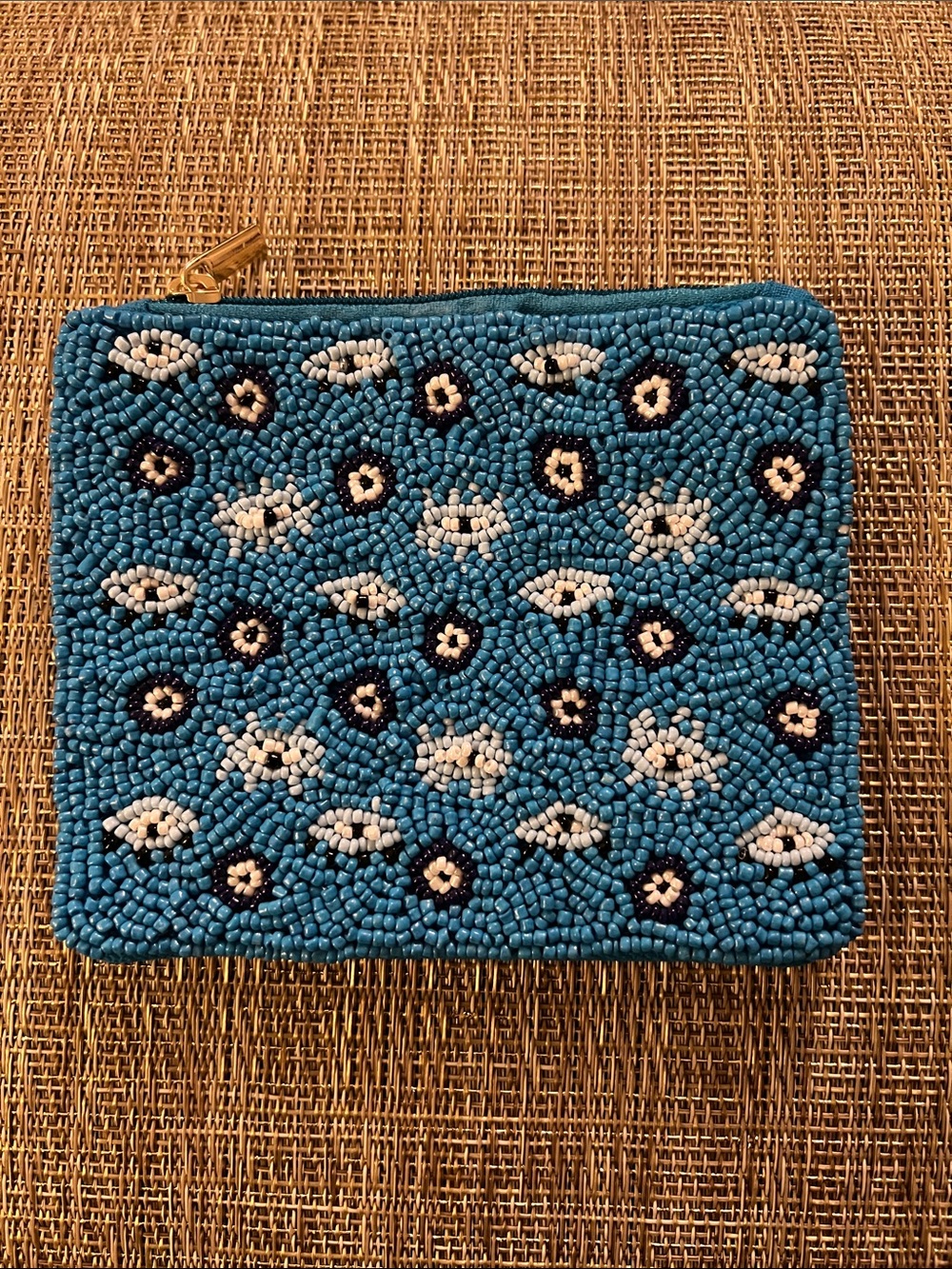 Beaded Blue Floral Zip Pouch - Women Bags